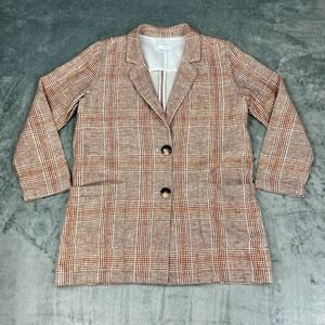 J Jill Blazer Women Small Petite SP Harper Henna Plaid Linen Boyfriend Oversized